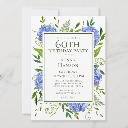 Invitation 60e anniversaire Blue Hydrangeas Surprise Party (Devant)