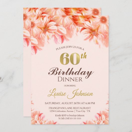 Invitation 60e anniversaire Blush Pink Gold Floral soirée (Devant / Derrière)