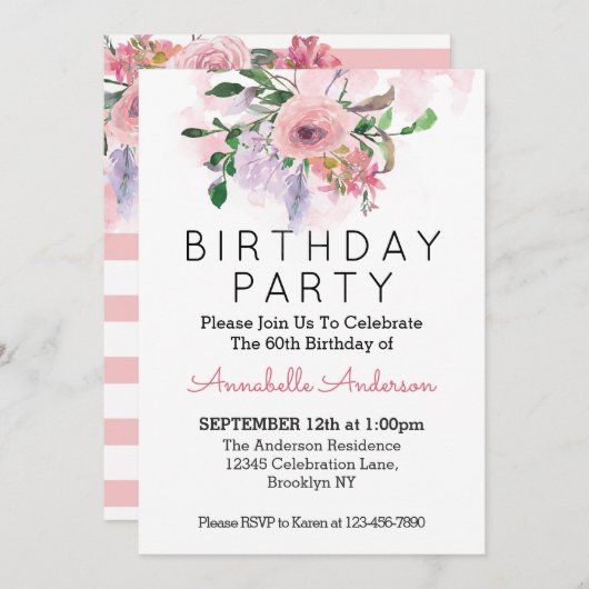 Invitation 60e anniversaire Blush rose floral rayures (Devant / Derrière)