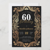 Invitation 60e Anniversaire Boho Noir Noir Glamour Élégant (Devant)