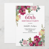 Invitation 60e anniversaire Bourgogne Floral Aquarelle (Devant / Derrière)