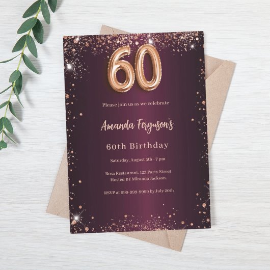 Invitation 60e anniversaire bourgogne or rose