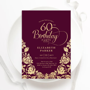 Invitation 60e anniversaire Bourgogne Roses d'or