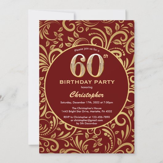 Invitation 60e anniversaire Bourgogne rouge et or modèle flor (Devant)
