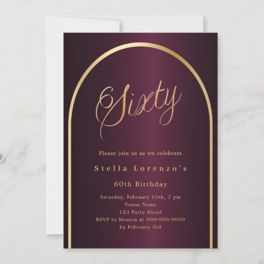 Invitation 60e anniversaire burgundy or arch script luxe (Devant)