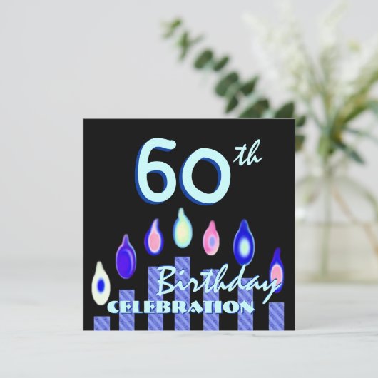 Invitation 60e anniversaire Carré des bougies rayées bleues (Debout devant)