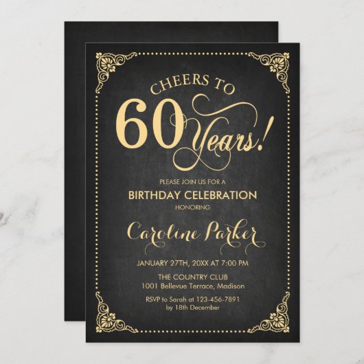 Invitation 60e anniversaire - Chalkboard Gold (Devant / Derrière)