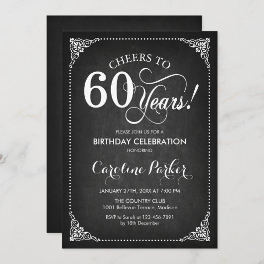 Invitation 60e anniversaire - Chalkboard White (Devant / Derrière)