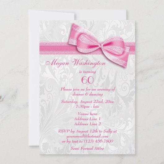 Invitation 60e anniversaire Damas et Pink Faux Bow (Dos)