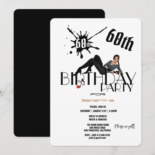 Invitation 60e Anniversaire de la fête Classique dame unique (Devant / Derrière)