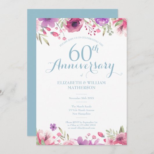 Invitation 60e Anniversaire de Mariage Aquarelle Florale (Devant / Derrière)