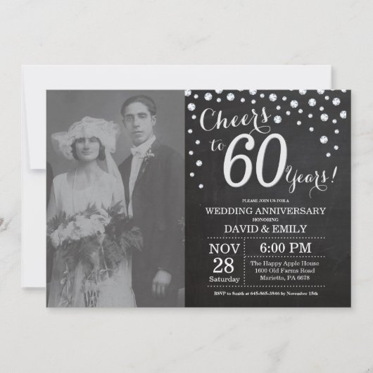 Invitation 60e Anniversaire de Mariage Ardoise Noir Argent (Devant)
