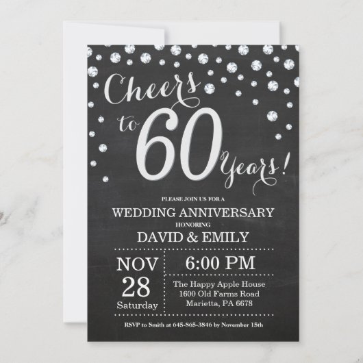 Invitation 60e Anniversaire de Mariage Ardoise Noir Argent (Devant)