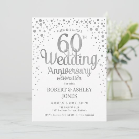 Invitation 60e anniversaire de mariage - Argent et blanc (Debout devant)