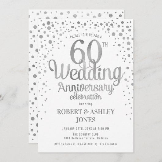 Invitation 60e anniversaire de mariage - Argent et blanc (Devant / Derrière)