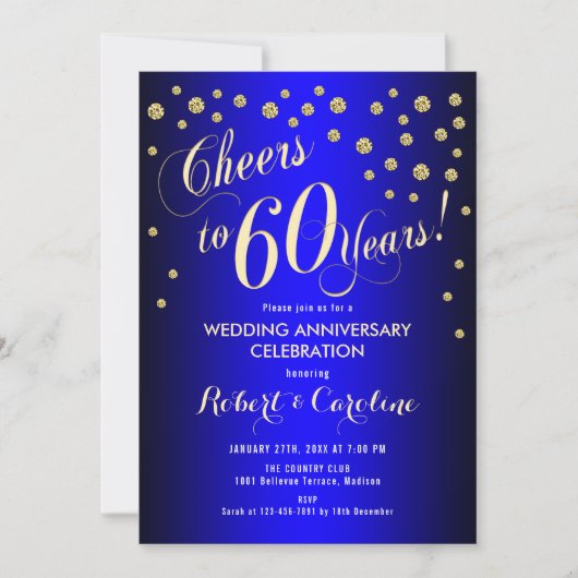 Invitation 60e anniversaire de mariage - Bleu royal et or (Devant)