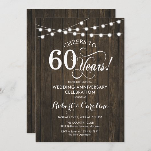 Invitation 60e anniversaire de mariage - Bois rustique (Devant / Derrière)