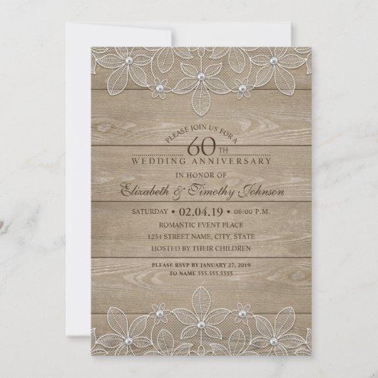 Invitation 60e Anniversaire de Mariage Bois Rustique Dentelle (Devant)