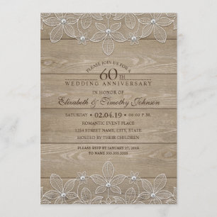 Invitation 60e Anniversaire de Mariage Bois Rustique Dentelle