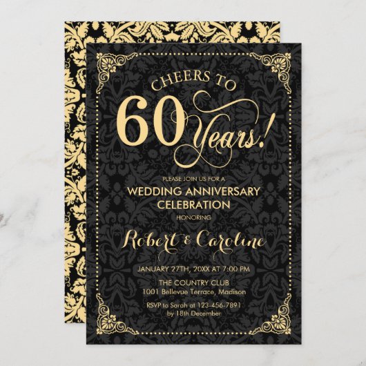 Invitation 60e anniversaire de mariage - Damask noir or (Devant / Derrière)