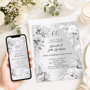 Invitation 60e anniversaire de mariage diamant argent floral