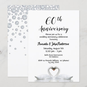 Invitation 60e anniversaire de mariage diamant deux cygnes bl