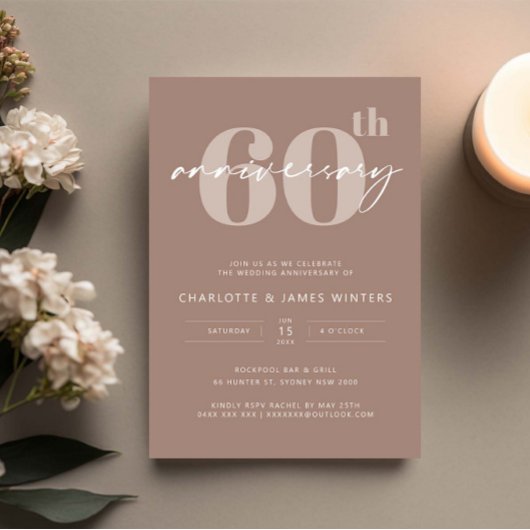 Invitation 60e anniversaire de mariage écriture beige minimal