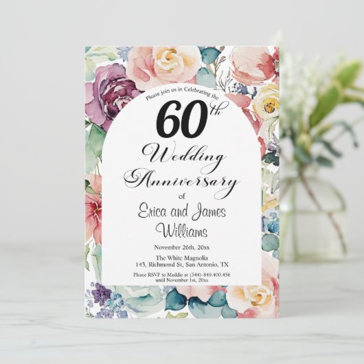 Invitation 60e anniversaire de Mariage Élégant script floral (Debout devant)