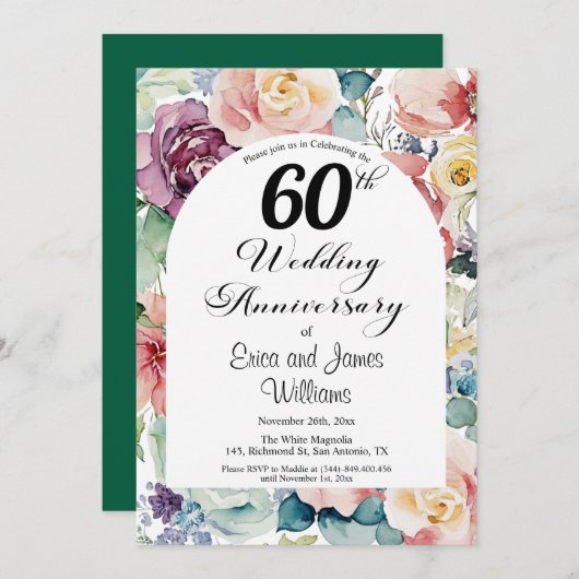 Invitation 60e anniversaire de Mariage Élégant script floral (Devant / Derrière)