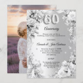 Invitation 60e anniversaire de mariage fleurs argentées ruban (Devant / Derrière)