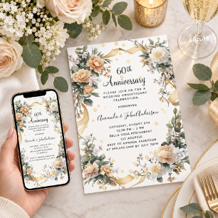 Invitation 60e anniversaire de mariage fleurs jaunes diamants