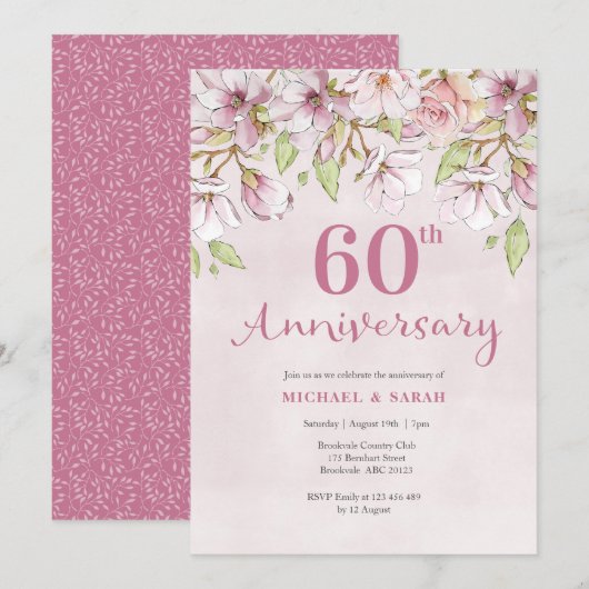 Invitation 60e anniversaire de mariage floral rose (Devant / Derrière)