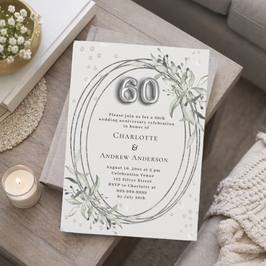Invitation 60e anniversaire de mariage perle gris verdure