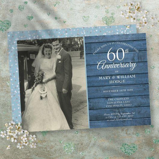 Invitation 60e Anniversaire de Mariage Photo Bleu Rustique