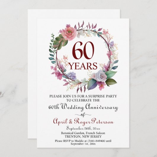 Invitation 60e anniversaire de Mariage surprise Diamond Flora (Devant / Derrière)
