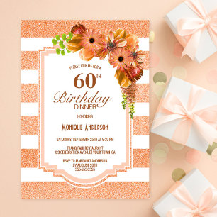 Invitation 60e anniversaire Dîner Apricot Fête Florale rayée
