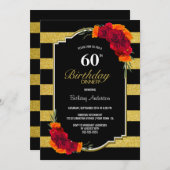 Invitation 60e anniversaire Dîner noir or rayé floral (Devant / Derrière)