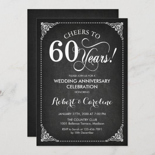 Invitation 60e anniversaire du Mariage - Chalkboard White (Devant / Derrière)