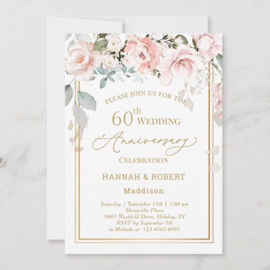 Invitation 60e anniversaire du Mariage Roses roses blanches (Devant)