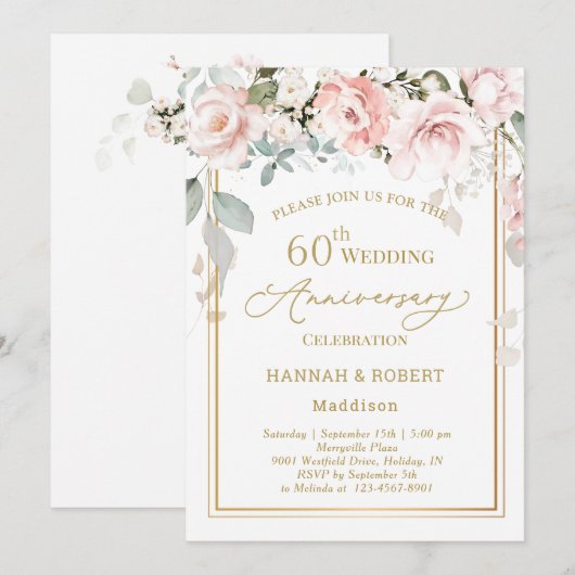Invitation 60e anniversaire du Mariage Roses roses blanches (Devant / Derrière)