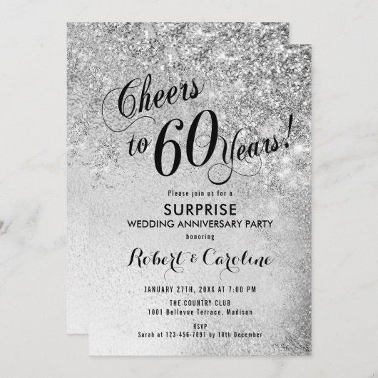 Invitation 60e anniversaire du Mariage surprise - Argent (Devant / Derrière)