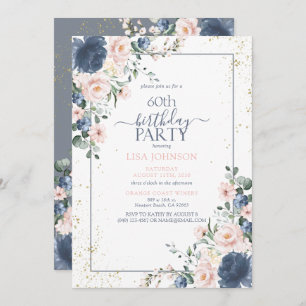 Invitation 60e anniversaire Dusty Blue Blush or rose Floral