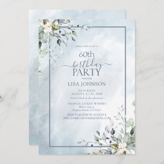Invitation 60e anniversaire Dusty Blue Botanical Greenery (Devant / Derrière)