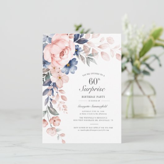 Invitation 60e anniversaire Dusty Blue Botanical Script (Debout devant)
