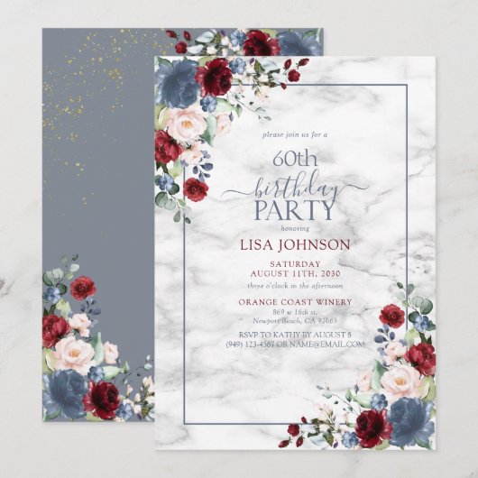 Invitation 60e anniversaire Dusty Blue Bourgogne Blush Gold (Devant / Derrière)
