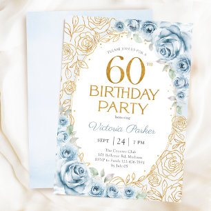 Invitation 60e Anniversaire Dusty Blue Or Floral Féminin