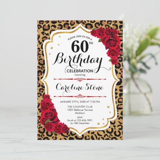 Invitation 60e anniversaire - Empreinte de léopard d'or rouge (Debout devant)