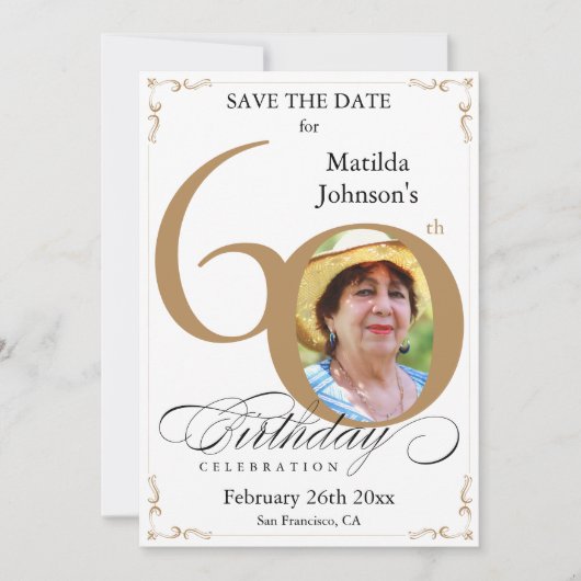 Invitation 60e anniversaire Enregistrer la date Gold et blanc (Devant)
