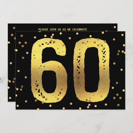 Invitation 60e anniversaire Faux Gold Foil Confetti Noir (Devant / Derrière)