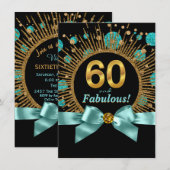 Invitation 60e Anniversaire Femme Bleu Sarcelle et Or (Devant / Derrière)
